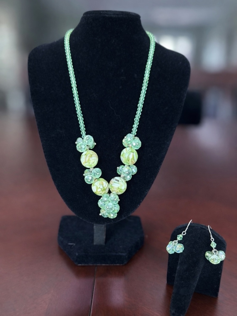 Vintage Green Beaded Necklace & Earrings Set Floral Cluster Statement